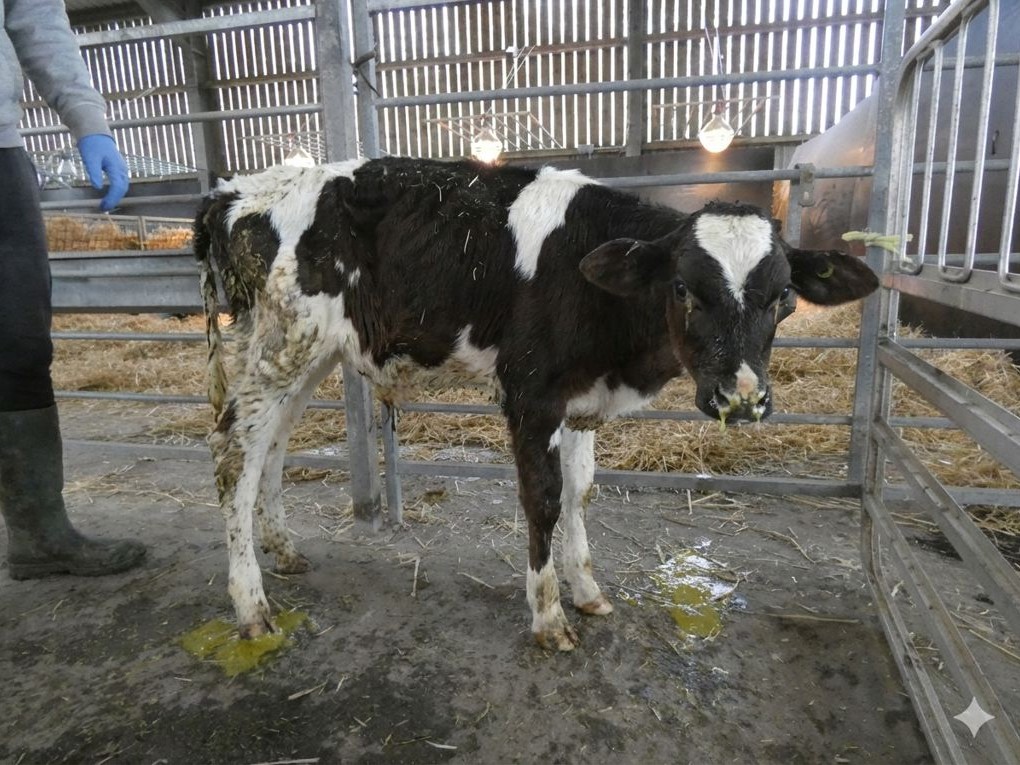 An unhealthy calf struggling with scours and a possible respiratory infection, isolated on hard concrete
